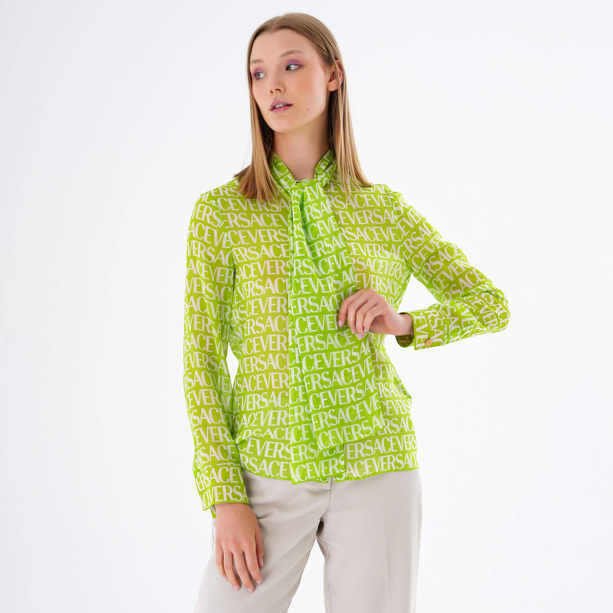 Versace - Logo Printed Silk Chiffon Blouse in Green IT42